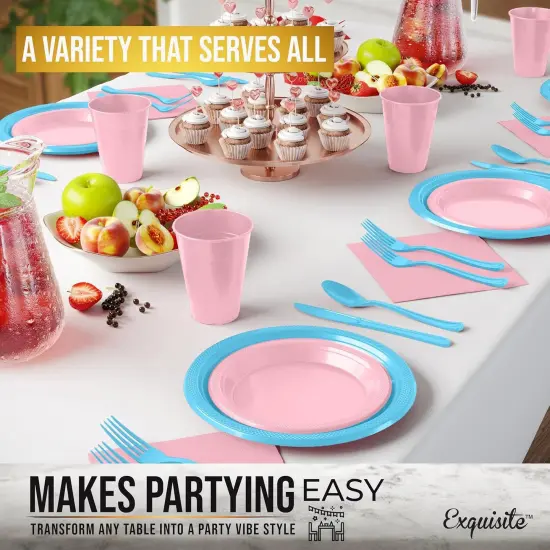 Exquisite 350 Pcs Plastic Plates for Party &ndash; Disposable Plates Set &ndash; 50 Each of 9" Dinner Plates, 7" Dessert Plates, Plastic Cups, Napkins & Plastic Cutlery &ndash; Plastic Dinnerware by Party Solids Blue & Pink {2}