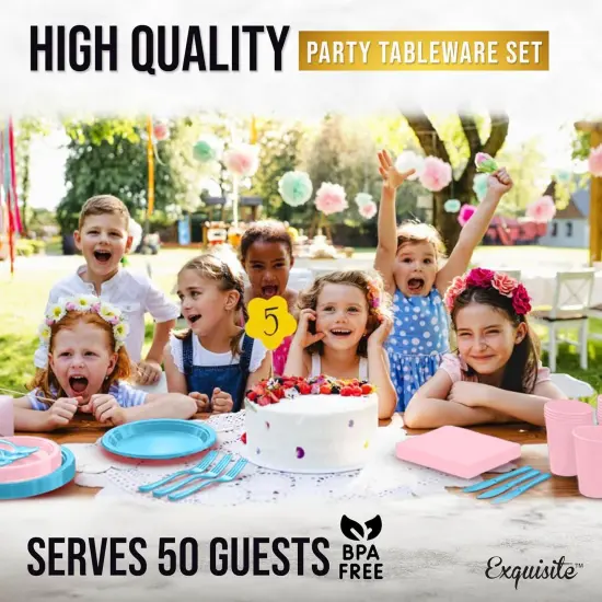 Exquisite 350 Pcs Plastic Plates for Party &ndash; Disposable Plates Set &ndash; 50 Each of 9" Dinner Plates, 7" Dessert Plates, Plastic Cups, Napkins & Plastic Cutlery &ndash; Plastic Dinnerware by Party Solids Blue & Pink {6}