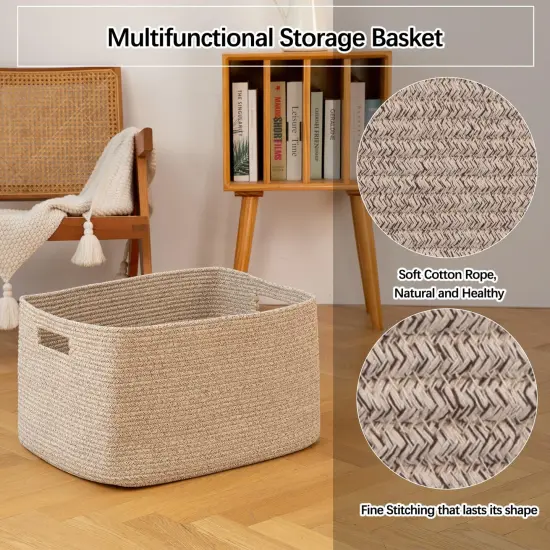 OIAHOMY Cotton Rope Basket, Rectangle Woven Nursery Blanket Basket, Toy Storage Basket with Handle, Baskets for Organizing, 18”x14”x12”, Brown variegated {6}