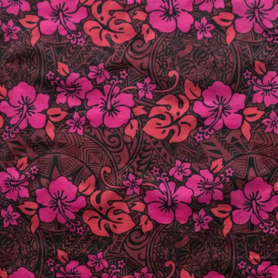 1 Yard Hibiscus Plumeria Monstera Leaf Polyester Fabric For Apparel Sewing And Tropical Crafts 60 Inch Fuchsia/Red {1}