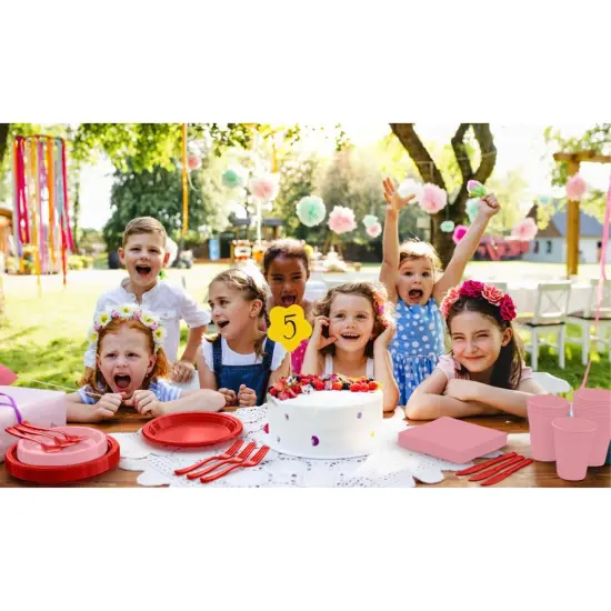 Exquisite 350 Pcs Plastic Plates for Party &ndash; Disposable Plates Set &ndash; 50 Each of 9" Dinner Plates, 7" Dessert Plates, Plastic Cups, Napkins & Plastic Cutlery &ndash; Plastic Dinnerware by Party Solids Pink & Red {6}