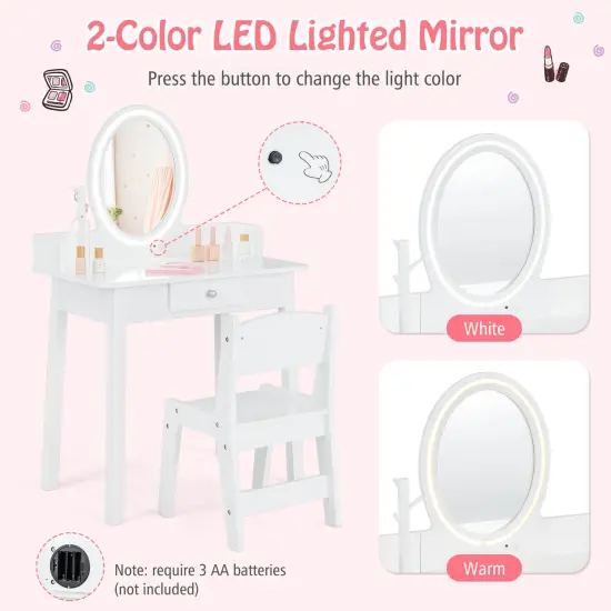 Costway Kids Vanity Set with Lighted Mirror Chair 2-Color LED Lighting for Girls Makeup White/Pink {6}