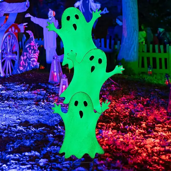 Halloween Yard Stake, 38.6" Glow in The Dark Metal Stacked Ghost with Green {5}