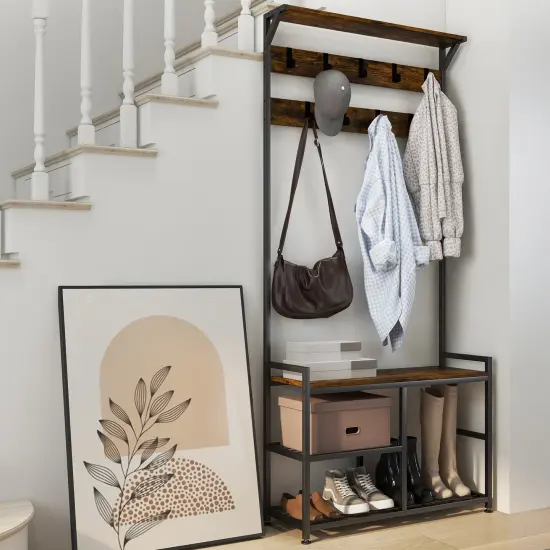 Costway 3-in-1 Coat Rack Industrial Hall Tree Shoe Bench Entryway Storage Shelf with Hooks {4}