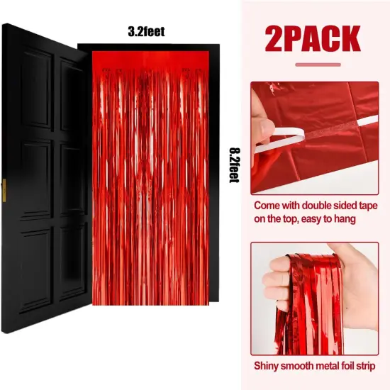 2 Pack 3.2ft x 8.2ft Red Foil Fringe Curtains Party Photo Backdrop Party Streamers for Birthday,Graduation,New Year Eve Decorations Wedding Decor {3}
