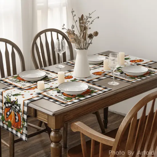 Set of 6 - Pumpkin Buffalo Plaid Fall Placemats,12x18 Inch Seasonal Autumn Table Mats {5}