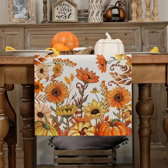 Fall Pumpkins and Sunflowers Table Runner 13x48 Inch {2}
