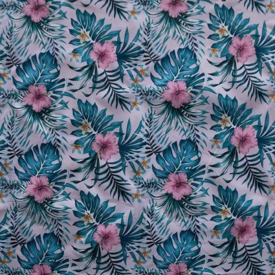 1 Yard Hibiscus Monstera Palm Leaves Polyester Fabric, 60" Wide Tropical Print Beige {6}