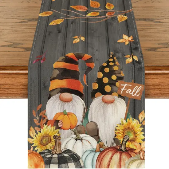 Fall Gnomes Pumpkins Sunflower Maple Leaves Thanksgiving Table Runner, 13 x 72 Inch {1}