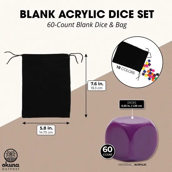 Blank Acrylic Dice Set, Write-On Cubes Game (10 Colors, 60 Pieces) Multicolor {2}