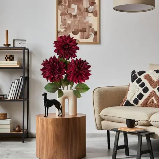 3Pcs Dark Red Artificial Dahlia Flowers with Long Stem - 28" {4}