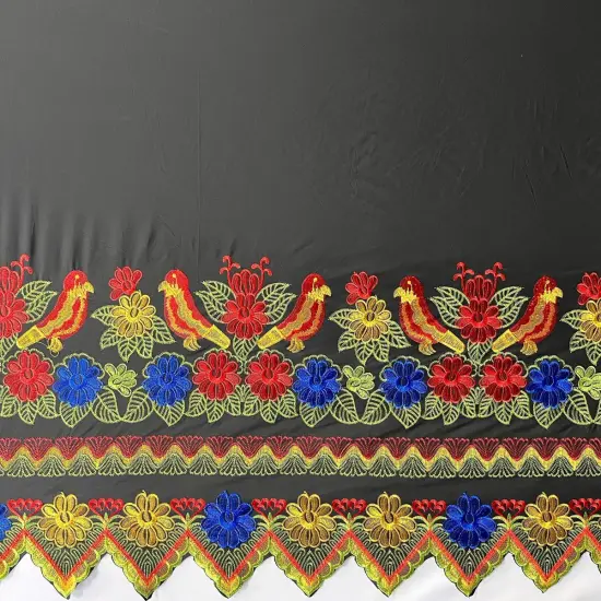 1 Yard Floral Bird Embroidered Double Border Polyester Fabric 56 Inch Width Blue/Fuchsia {3}