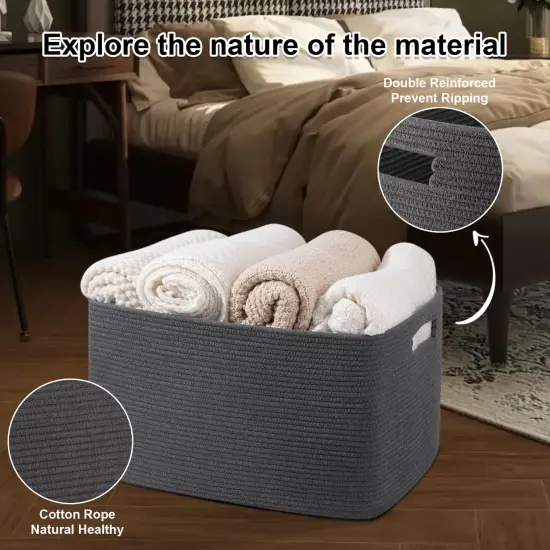 Large Blanket Basket,Storage Basket with Handle, Blanket Basket for Living Room, Rectangle Woven Cotton Rope Basket for Bedroom, Toy Baskets Organizer Bins, 22" x 17" x 12" in, Dark Grey {5}