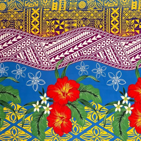 1 Yard Tapa Tribal Tattoo Hibiscus Plumeria Peachskin Fabric 45 Inch Width Blue {2}