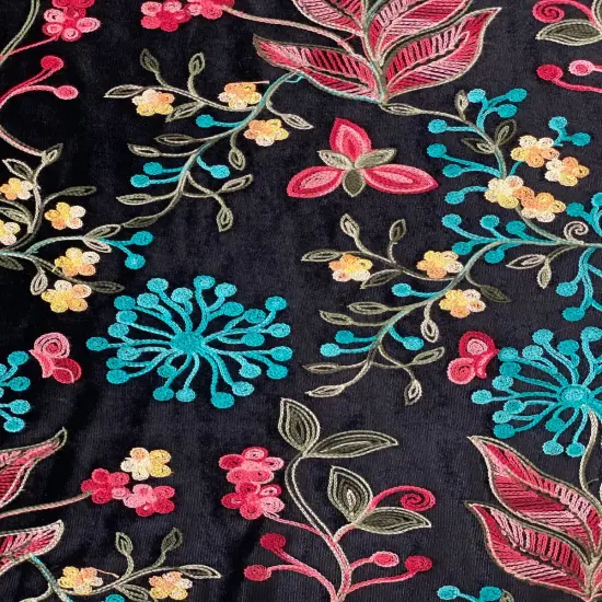 1 Yard Briony Multicolor Floral Embroidered Stretch Velvet Fabric 52 Inches Width Teal Blue {4}