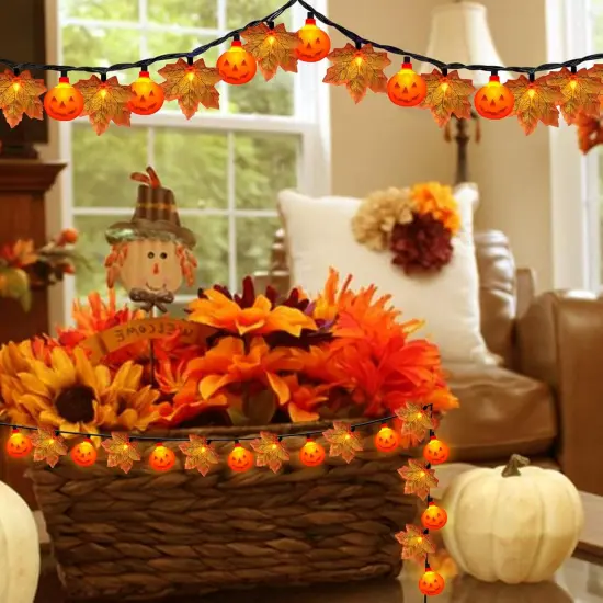 Red Maple Leaf with Pumpkin LED Lights - Pumpkin Leaf Lights {2}