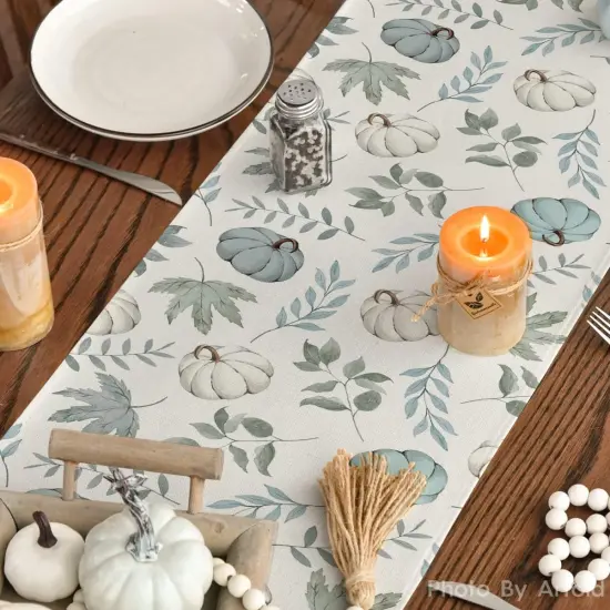 Pumpkins Fall Eucalyptus Leaves Table Runner,13x72 Inch {5}