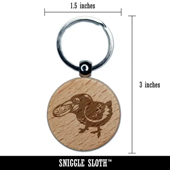 Happy Excited Crow With Treasure Coin Engraved Wood Round Keychain Tag Charm {2}