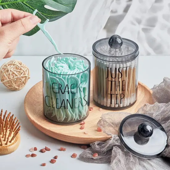 4 Pack Qtip Holder Dispenser with Lids and Labels - 10 oz Acrylic Apothecary Jars Plastic Bathroom Vanity Canister Organizer for Cotton Balls, Pads, Swabs, Floss (Black) {4}