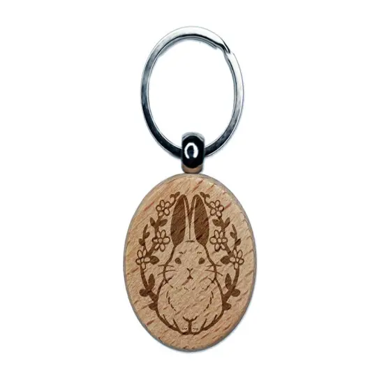 Floral Bunny Rabbit Emblem Easter Engraved Wood Round Keychain Tag Charm {1}