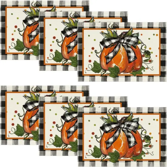 Set of 6 - Pumpkin Buffalo Plaid Fall Placemats,12x18 Inch Seasonal Autumn Table Mats {1}