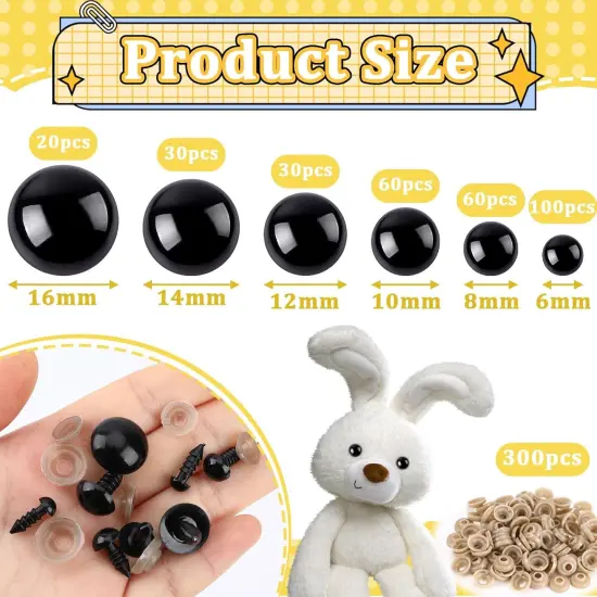 600 Pieces 6-16MM Safety Eyes with Washers Black {2}