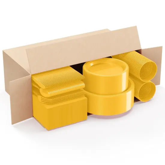 Exquisite 350 Pcs Plastic Plates for Party &ndash; Disposable Plates Set &ndash; 50 Each of 9" Dinner Plates, 7" Dessert Plates, Plastic Cups, Napkins & Plastic Cutlery &ndash; Plastic Dinnerware by Party Solids Yellow {3}