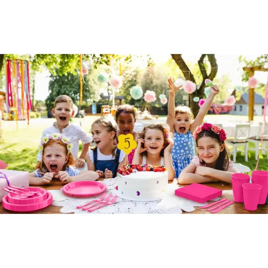 Exquisite 350 Pcs Plastic Plates for Party &ndash; Disposable Plates Set &ndash; 50 Each of 9" Dinner Plates, 7" Dessert Plates, Plastic Cups, Napkins & Plastic Cutlery &ndash; Plastic Dinnerware by Party Solids Hot Pink {6}