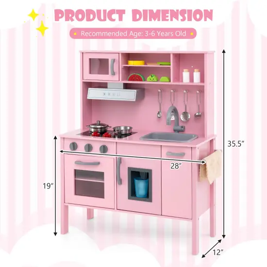 Costway Kids Kitchen Playset Wooden Pretend Play Chef Toy with Microwave & Accessories Pink/White {3}