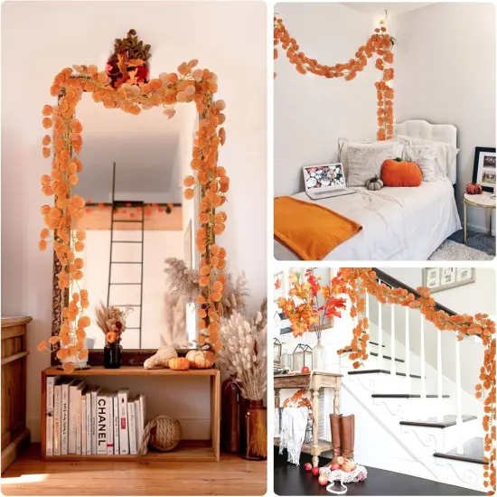 18Pcs Artificial Eucalyptus Leaves Fall Garland, 7Ft 72Silk Orange Leaf Vines {2}