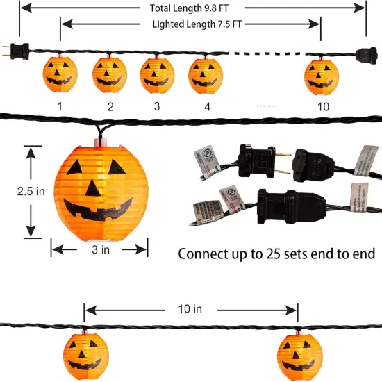 10 Pack Halloween Pumpkin Lantern String Lights - 9.8FT {2}