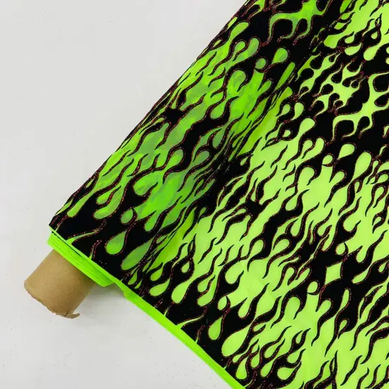 1 Yard Power Mesh Fabric with Black Flocked Flame and Red Glitter Design 60 Inch Width Orange {4}