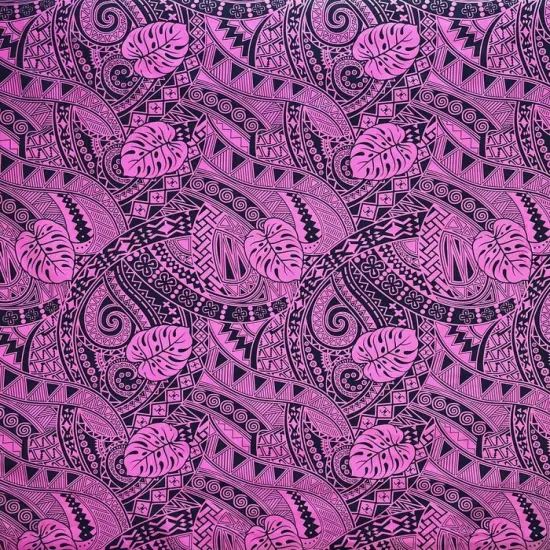 1 Yard Traditional Polynesian Tapa Fabric with Monstera Leaves Design, 100% Polyester 45 inches Width Pink/Black {5}