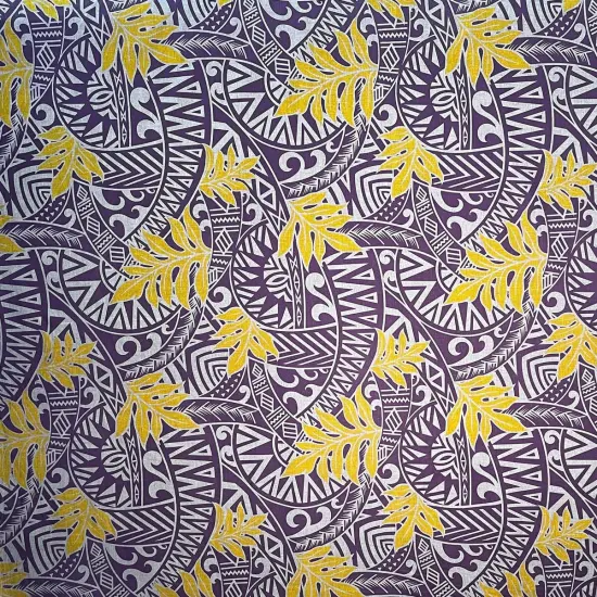 1 Yard Traditional Polynesian Tattoo Philodendron Leaves Chambray Denim Look Fabric For Apparel 60 Inch Purple & Yellow {1}