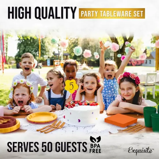 Exquisite 350 Pcs Plastic Plates for Party &ndash; Disposable Plates Set &ndash; 50 Each of 9" Dinner Plates, 7" Dessert Plates, Plastic Cups, Napkins & Plastic Cutlery &ndash; Plastic Dinnerware by Party Solids Thanksgiving {2}