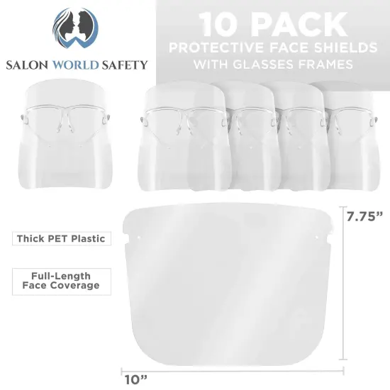 Safety Face Shields with All Clear Glasses Frames (10 Pack) - Ultra Clear Protective Full Face Shields Protect Eyes Nose Mouth - Anti-Fog PET Plastic {2}