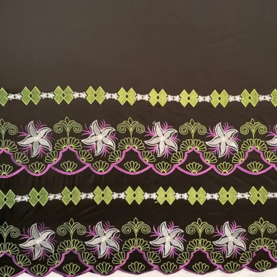 1 Yard Plumeria Flower Embroidered Double Border Fabric, 100% Polyester 56 Inches Width Black {2}