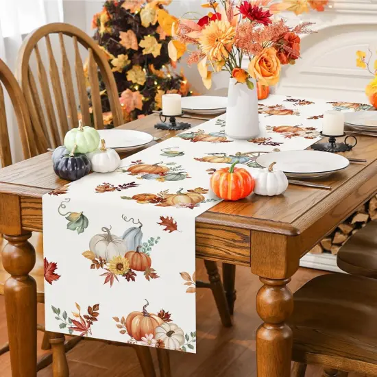 Fall Pumpkins Table Runner 13x72 Inch Watercolor Floral Leaves {3}
