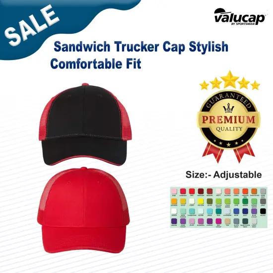 Valucap&reg; Sandwich Trucker Cap Stylish Comfortable Fit Red/ Black {3}
