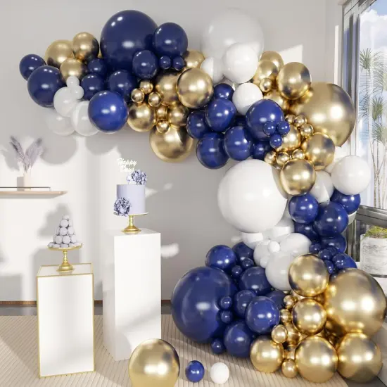 141Pcs Blue White Gold Latex Balloons Garland Arch Kit {1}