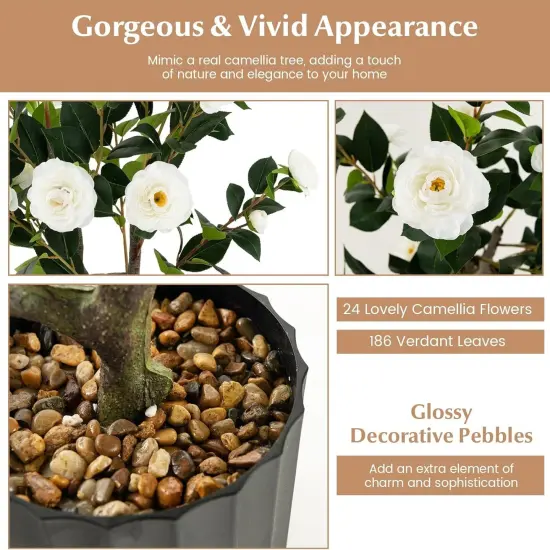 2pcs 38" Artificial Camellia Tree Flower Plant in Yellow Cement White {2}