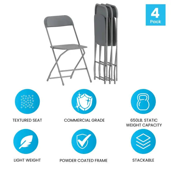 Emma and Oliver Plastic Folding Chair - 4 Pack 650LB Weight Capacity Grey {5}
