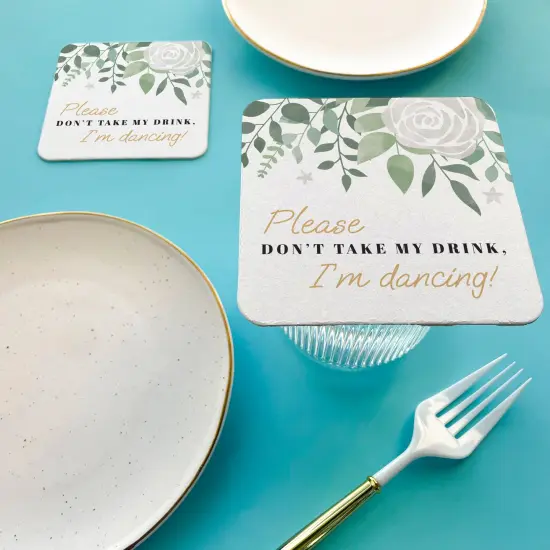 Big Dot of Happiness 25 Ct Boho Botanical Please Don't Take My Drink I'm Dancing Coasters, 4-Inch Disposable Square Paper Coasters for Greenery Wedding {3}