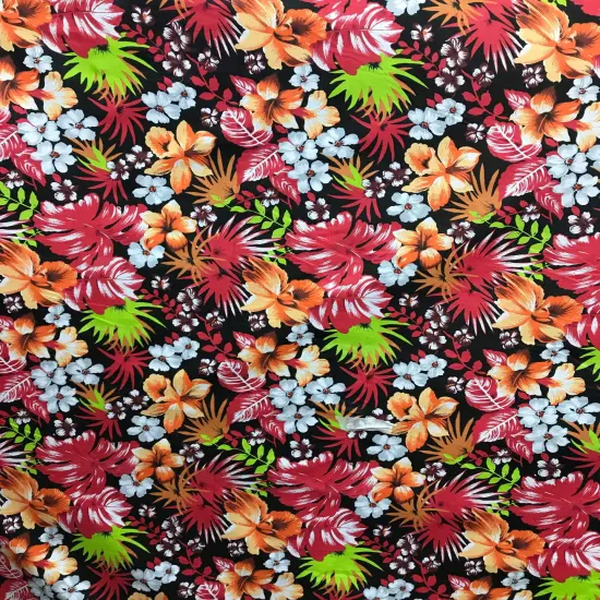 1 Yard Hawaiian Black Red Floral Poly Cotton Fabric 59/60 Inches Width for Sewing and Crafts {1}