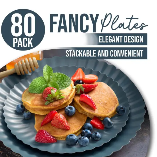 Earthtrends Scalloped Paper Plates 8.5 Inch & 10.5 Inch Dinner Plate Set &ndash; Fancy Disposable Plates for Party, Wedding, Birthday, Baby Shower &ndash; Large & Small Paper Plate Set for Parties, Events, Catering &ndash; ElegantFloral Design Slate Blue 80 {5}