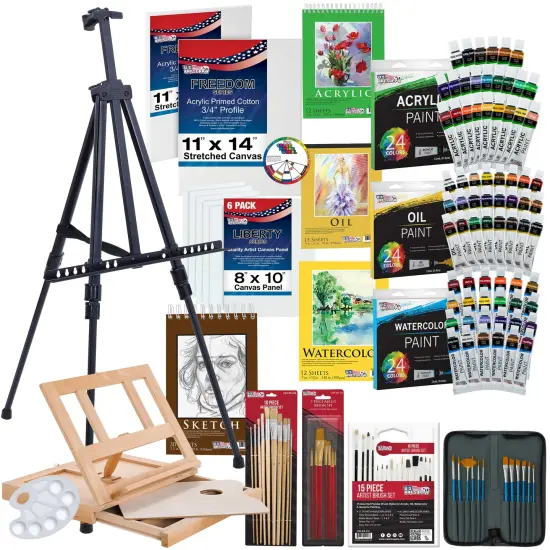 U.S. Art Supply 133-Piece Deluxe Artist Painting Set with Aluminum & Wood Easels, 72 Paint Colors, 24 Acrylic 24 Oil 24 Watercolor, 8 Canvases, Sketch {1}