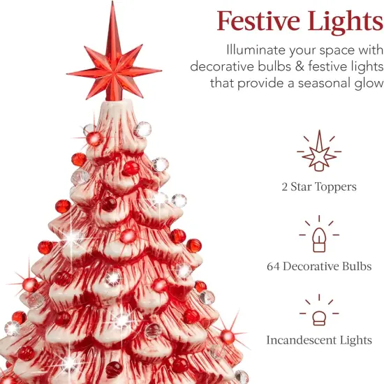 15in Ceramic Christmas Tree Pre-Lit Tabletop Holiday Tree with Star Topper and Multicolored Bulbs Peppermint {3}