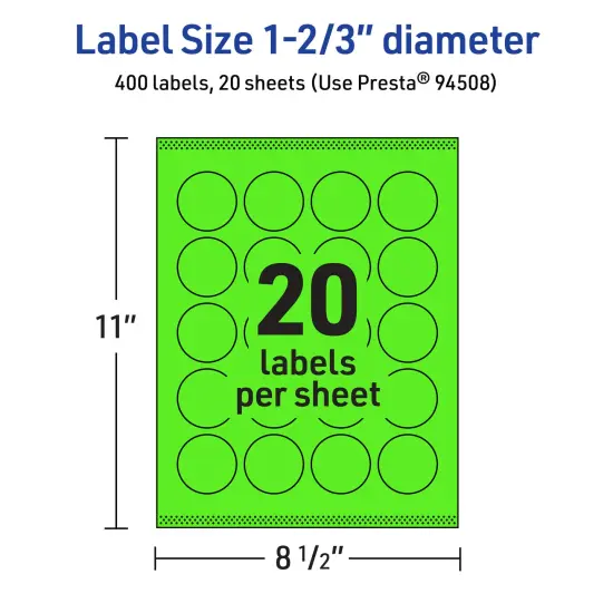 Avery Neon Green Paper Labels, 1-2/3" Diameter Round {5}