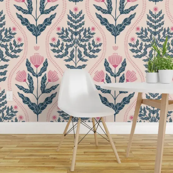 Peel & Stick Wallpaper 2FT Wide Preppy Floral Pink Blue Botanical Traditional Flowers Custom Removable Wallpaper by Spoonflower {1}