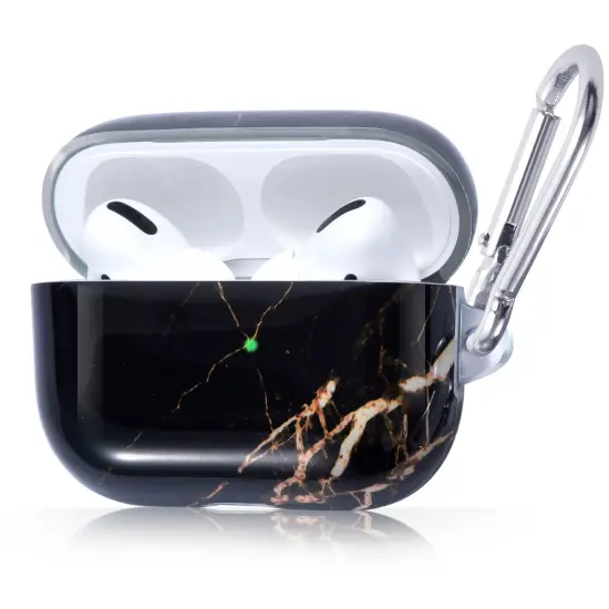 Marble Case Compatible with Airpods Pro, Glossy Soft TPU Protective Smooth Cover with Portable Keychain, Supports Wireless Charging, Shockproof & Anti-Scratch, Shinny Black Marble by Insten {1}